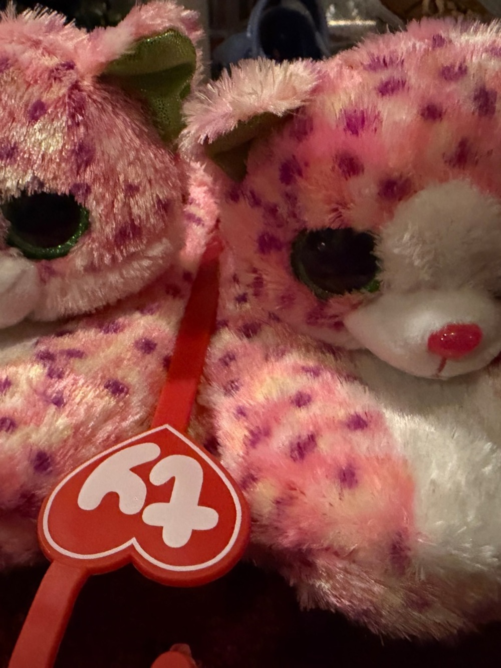 Ty Pink Spotted Beanie Boo Plush Pair with Green Eyes